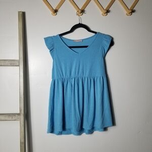 NWOT CES FEMME WOMEN'S PEPLUM RUFFLED SLEEVE BLUE BLOUSE SIZE SMALL